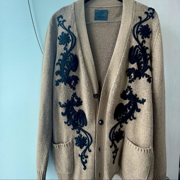 LANEUS Knitted Wool Cardigan Black and Tan L Mens/Unisex